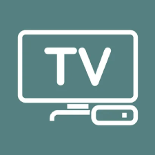 Hvidt ikon af et TV med bogstaverne "TV" på skærmen og en streamingboks nedenunder, på en teal (blågrøn) baggrund.