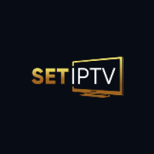 SET IPTV app-logo med gylden "SET" tekst og "IPTV" skrevet på en gylden, stiliseret tv-skærm.