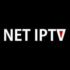 NET IPTV app-logo med hvid tekst og et rødt omvendt V på en sort baggrund.