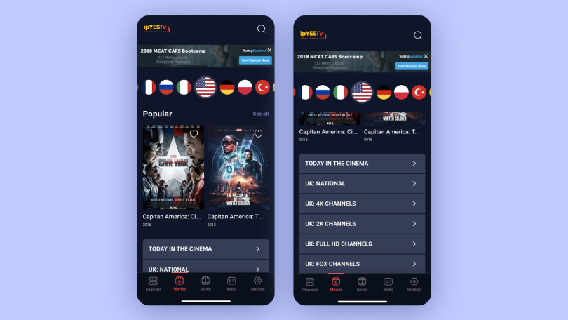ipYES TV mobil-app interface med populære film og kanalkategorier.
