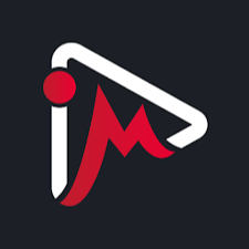 App-ikon med et stiliseret hvidt afspilningssymbol (play-knap) og et rød-hvidt M indeni på en mørk baggrund.