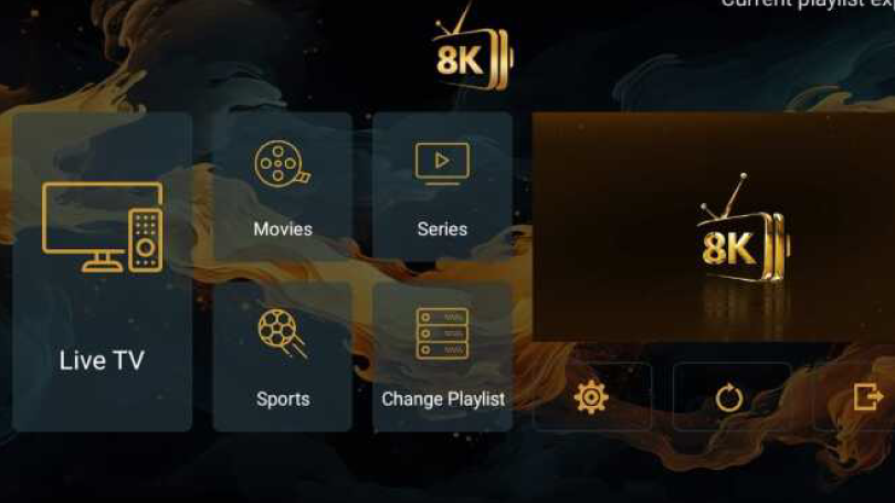 IPTV-afspiller-brugerflade i guld og sort, der viser menupunkter som Live TV, Movies og Sports, med et 8K-logo i øverste hjørne.