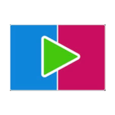 App-ikon delt i blå og magenta med en stor grøn afspilningsknap (play-knap) i midten.