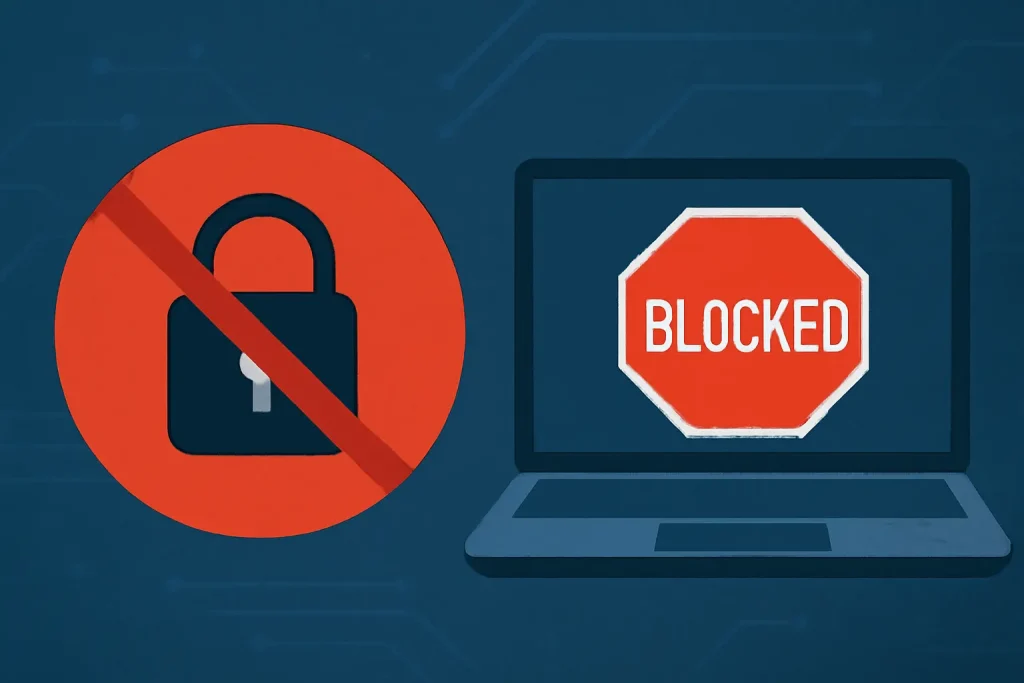 Illustration af en blokeret laptop med rød stopskilt 'BLOCKED' og et krydset låsesymbol på blå baggrund.