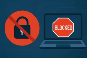 Illustration af en blokeret laptop med rød stopskilt 'BLOCKED' og et krydset låsesymbol på blå baggrund.