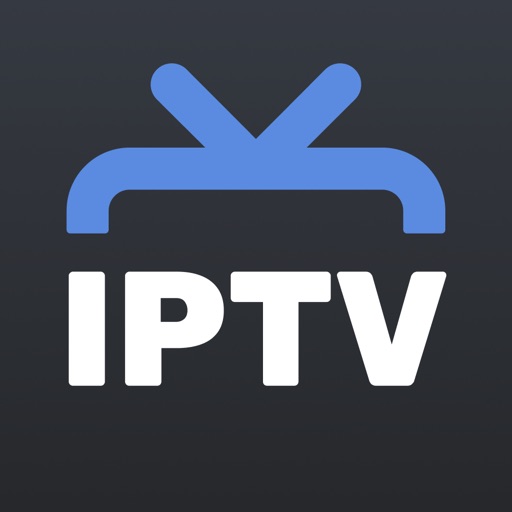 IPTV app-logo, der viser et hvidt IPTV-tekst under et blåt stiliseret tv-antenne-symbol på en mørkegrå baggrund.