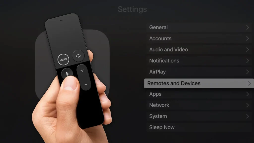 Apple TV Siri Remote foran indstillingsmenuen med "Remotes and Devices
