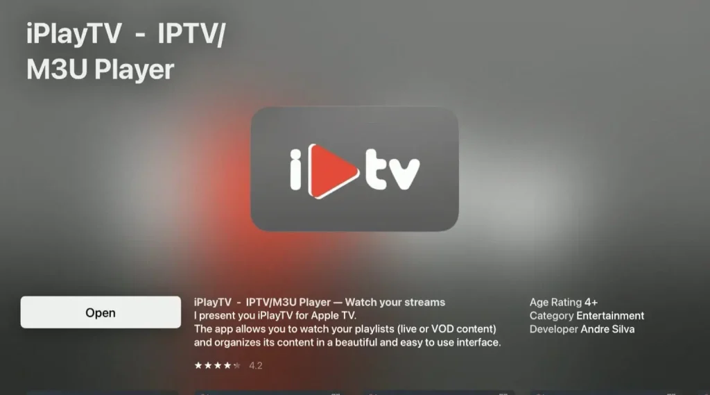 iPlayTV - IPTV/M3U Player app-side i Apple TV App Store, viser app-ikon og åben-knap.