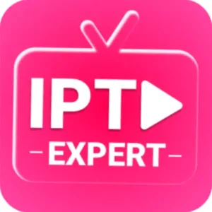 IPTV EXPERT app-ikon, der viser hvid tekst og en afspilningsknap inde i en lyserød, tv-formet boks.