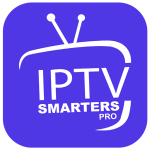 IPTV SMARTERS PRO app-ikon med hvid tekst og et stiliseret tv-symbol på en lilla baggrund.