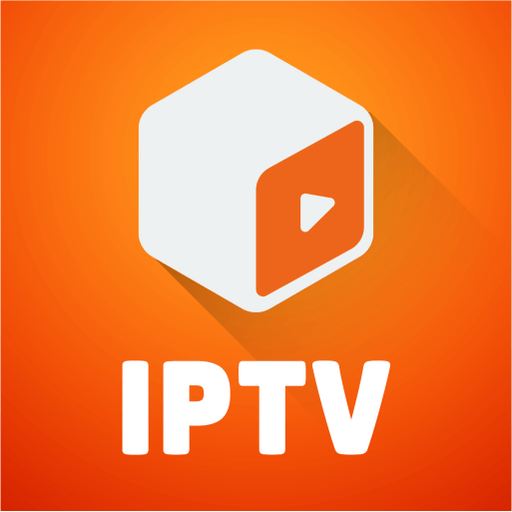 IPTV app-logo, der viser et hvidt 3D-terningssymbol med en afspilningsknap (play-knap) på en orange baggrund.