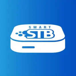 SMART STB app-ikon, der viser en hvid, stiliseret set-top-boks med logoet på toppen, på en blå baggrund.