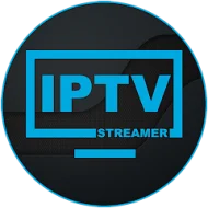 IPTV STREAMER app-ikon med blå tekst i en tv-ramme på en mørk, cirkulær baggrund.