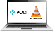 En bærbar computer, der viser logoerne for Kodi (mediecenter software) og VLC Media Player (trafikkegle-ikonet).