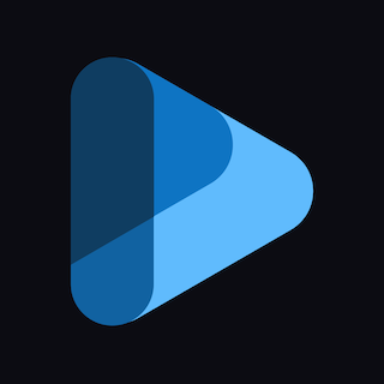 Blåt, 3D-lignende afspilnings-ikon (play-knap) på en mørk baggrund, sandsynligvis et medieafspiller-app-logo.