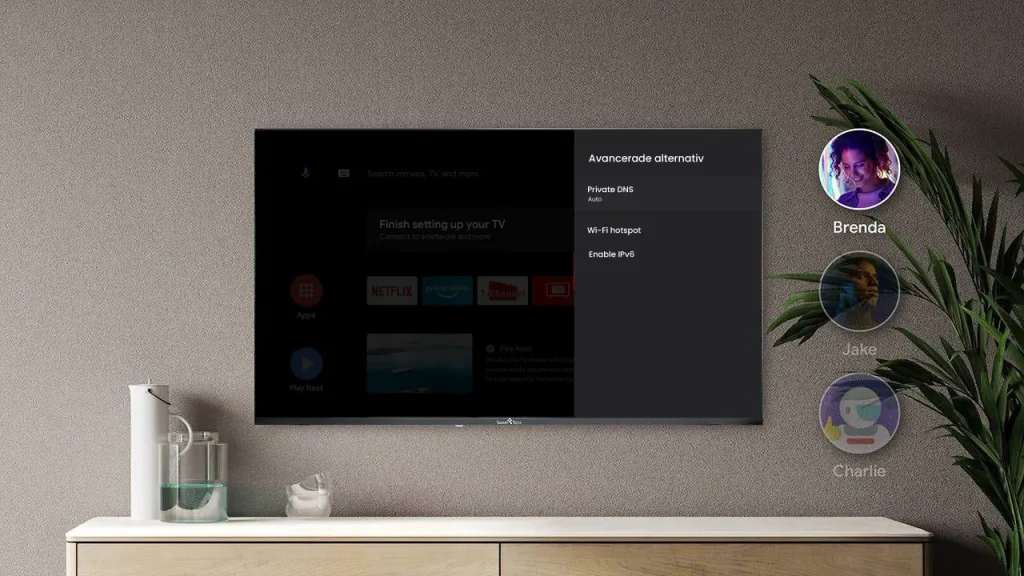 Google TV-skærmen viser netværksindstillinger for avancerede alternativer.