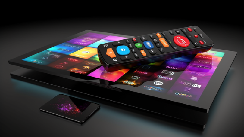 Smart-fjernbetjening liggende oven på en tablet, der viser forskellige app-ikoner og en smartphone nedenunder; alt på en mørk overflade.
