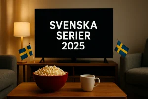 TV screen showing "SVENSKA SERIER 2025" with popcorn and coffee.