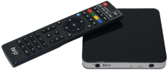En TVIP S-Box IPTV-boks sammen med dens tilhørende fjernbetjening.