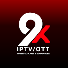 9K IPTV/OTT app-logo med stort hvidt 9-tal og rødt K, samt teksten "POWERFUL PLAYER & DOWNLOADER" på rød-sort baggrund.