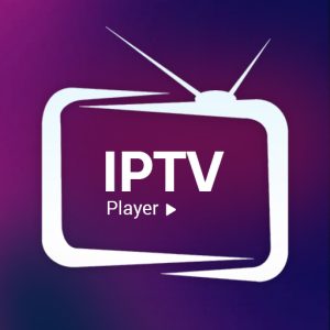 IPTV Player app-ikon med hvid tekst inde i et stiliseret tv-symbol med antenne, på en lilla baggrund.