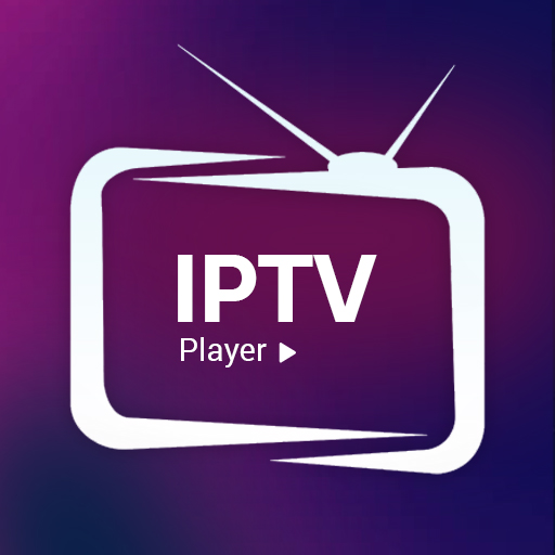 IPTV Player app-ikon med hvid tekst inde i et stiliseret tv-symbol med antenne, på en lilla baggrund.