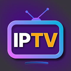 IPTV-app-ikon med hvid og orange tekst på en lilla tv-skærm med lilla og blå neon-ramme.