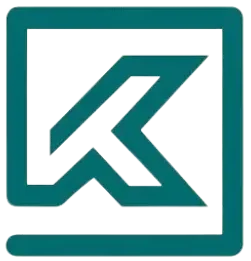 Logo for et moderne firma med et stiliseret bogstav "K" i et geometrisk rammedesign.