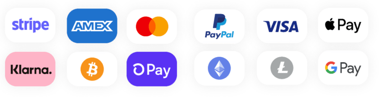 En række logoer for accepterede betalingsmetoder, herunder Stripe, American Express, Mastercard, PayPal, Visa, Apple Pay, Klarna, Bitcoin, O Pay, Ethereum, Litecoin og Google Pay.
